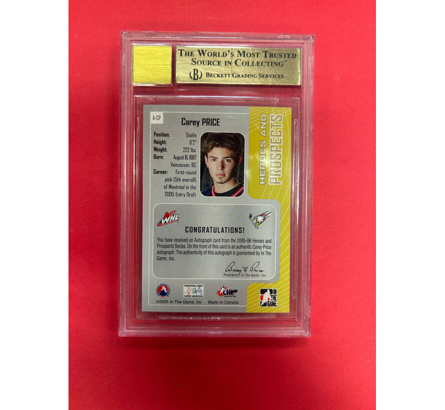 2005-06 IN THE GAME CAREY PRICE AUTOGRAPHS BECKETT GRADED 9.5 AUTO 10