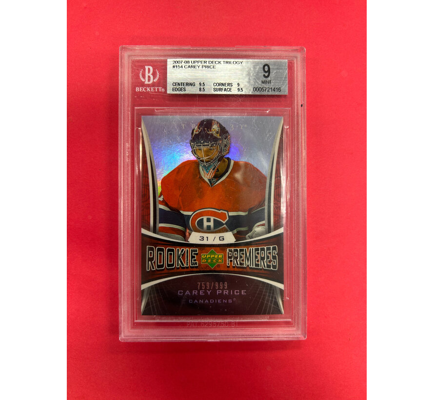 2007-08 UPPER DECK TRILOGY CAREY PRICE ROOKIE PREMIERES /999 BECKETT GRADED 9