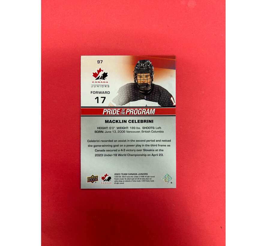 2023 UPPER DECK TEAM CANADA JUNIORS MACKLIN CELEBRINI ROSE GOLD PRIDE OF THE PROGRAM