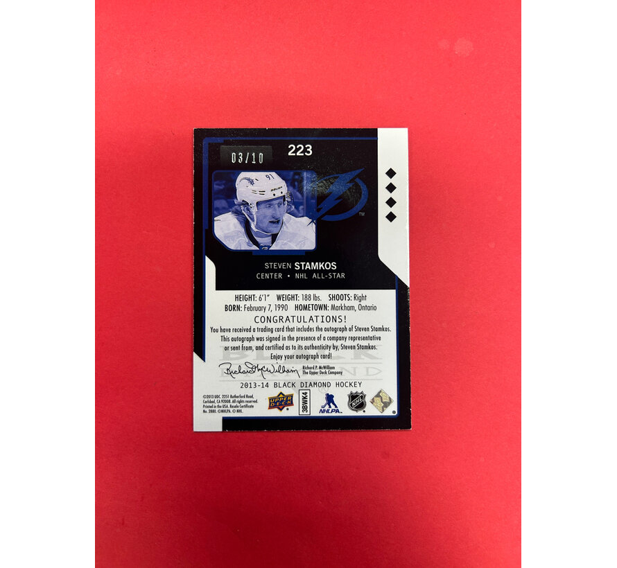 2013-14 UPPER DECK BLACK DIAMOND STEVEN STAMKOS GREEN QUAD DIAMOND AUTO /10 ALL STAR