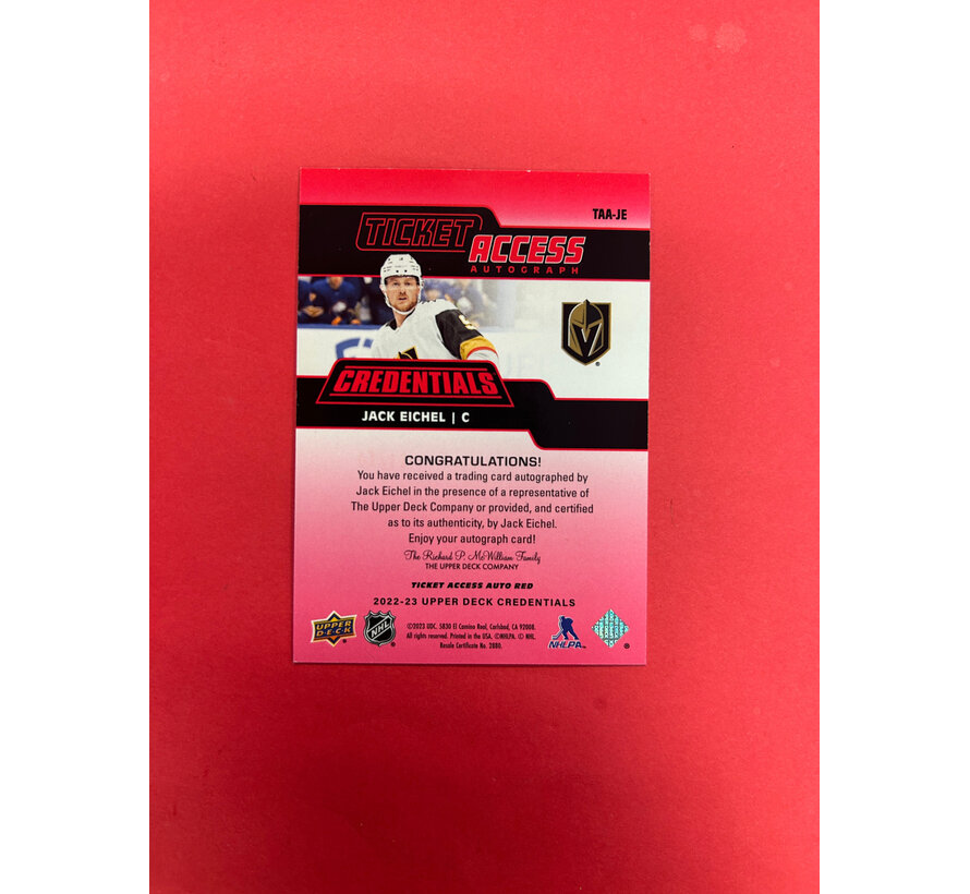 2022-23 UPPER DECK CREDENTIALS JACK EICHEL TICKET ACCESS AUTO RED /10