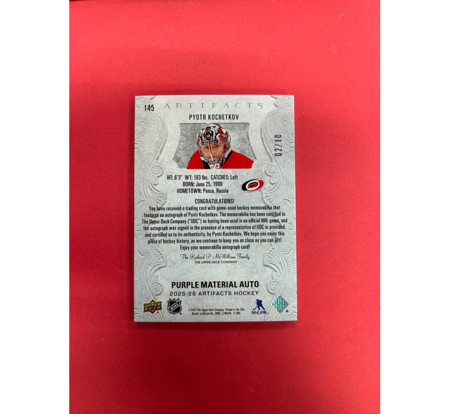 2025-26 UPPER DECK ARTIFACTS PYOTR KOCHETKOV PURPLE MATERIAL PATCH AUTO /10