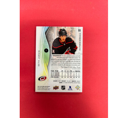 UPPER DECK 2024-25 UPPER DECK SP GAME USED SETH JARVIS PREMIUM MEMORABILIA PATCH /15