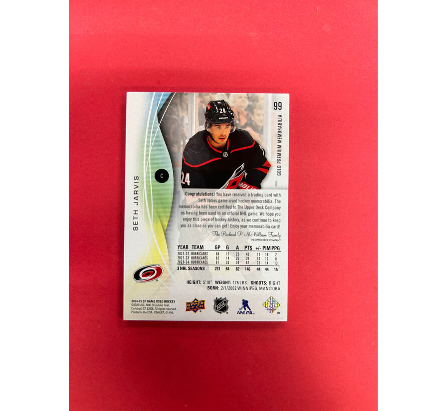 2024-25 UPPER DECK SP GAME USED SETH JARVIS PREMIUM MEMORABILIA PATCH /15