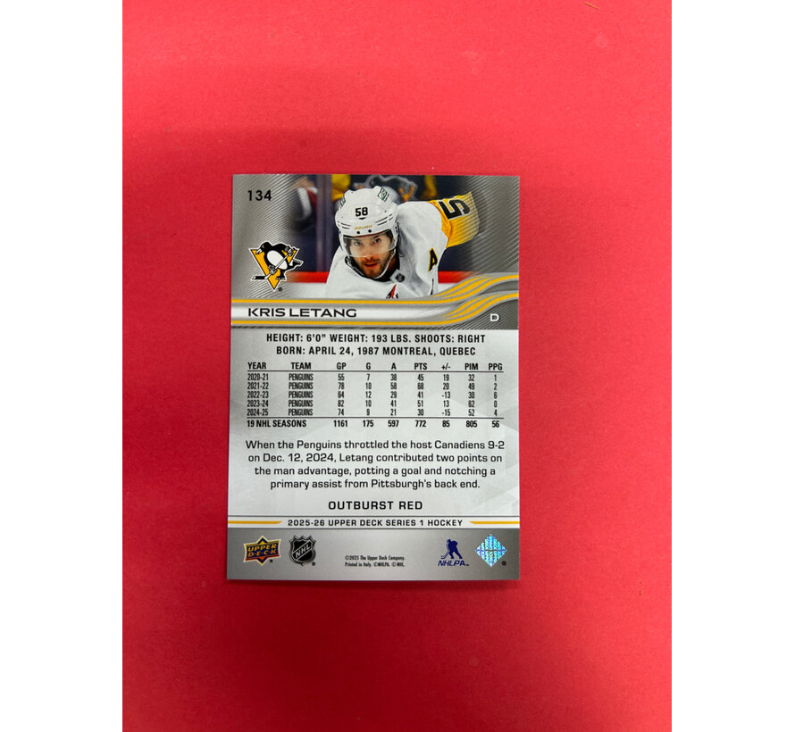 2025-26 UPPER DECK SERIES 1 KRIS LETANG RED OUTBURST /25