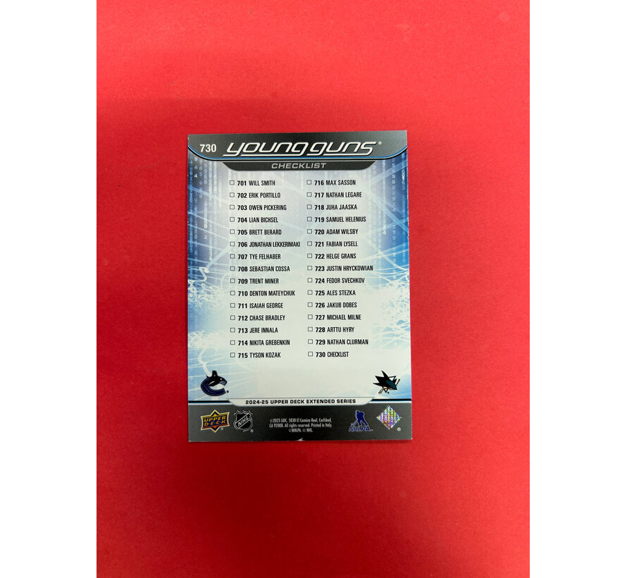 2024-25 UPPER DECK EXTENDED LEKKERIMAKI /SMITH YOUNG GUNS EXCLUSIVES CHECKLIST /100
