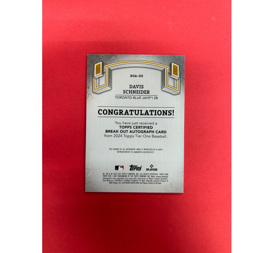 2024 TOPPS TIER ONE DAVIS SCHNEIDER ROOKIE AUTO /299