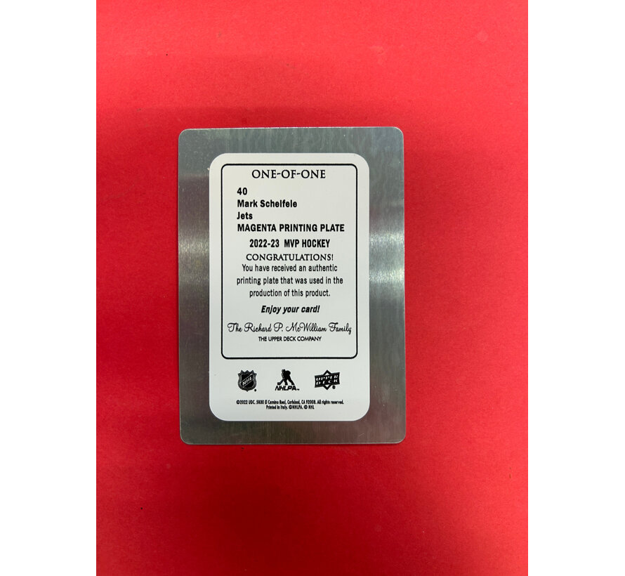 2022-23 UPPER DECK MVP MARK SCHIEFELE PRINTING PLATE MAGENTA 1/1