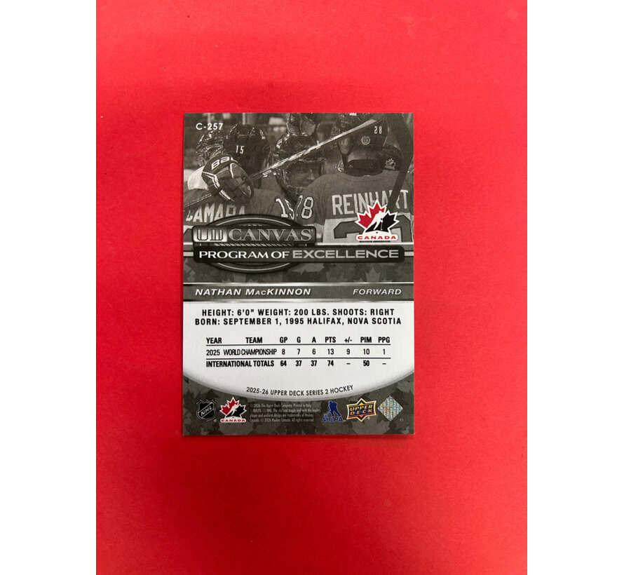 2025-26 UPPER DECK SERIES 2 NATHAN MACKINNON PROGRAM OF EXCELLENCE CANVAS BLACK AND WHITE