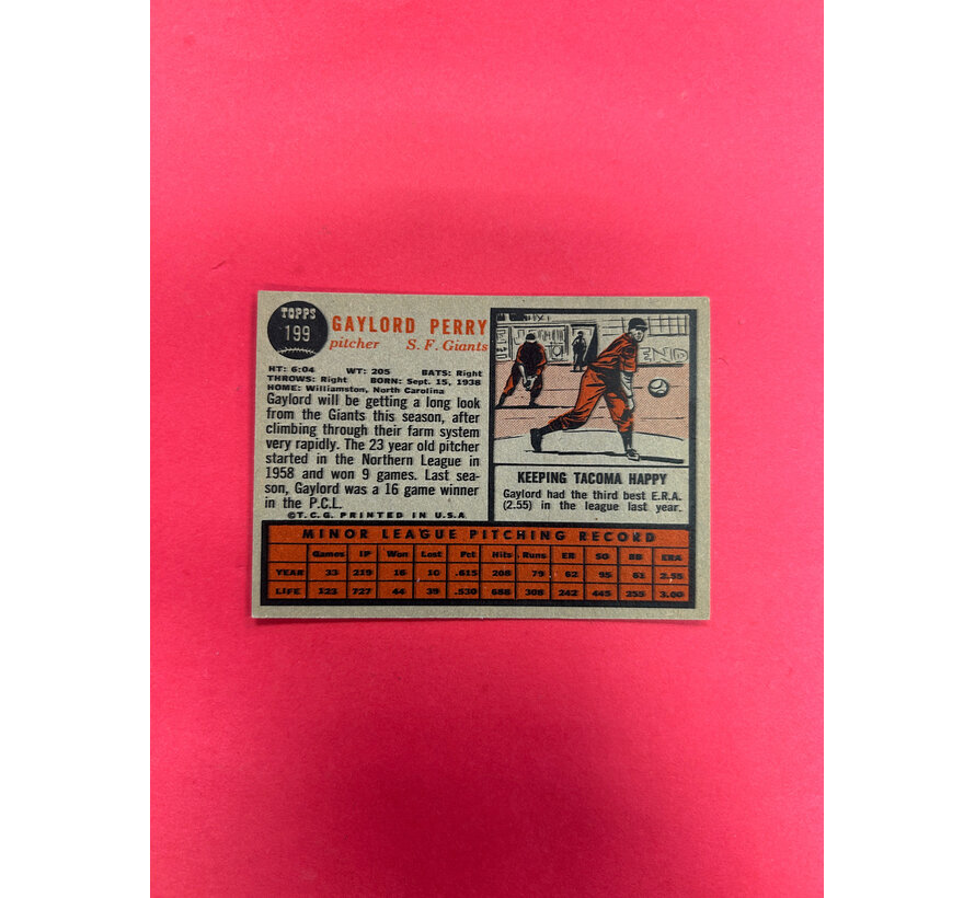 1962 TOPPS GAYLORD PERRY #199 EX-NM