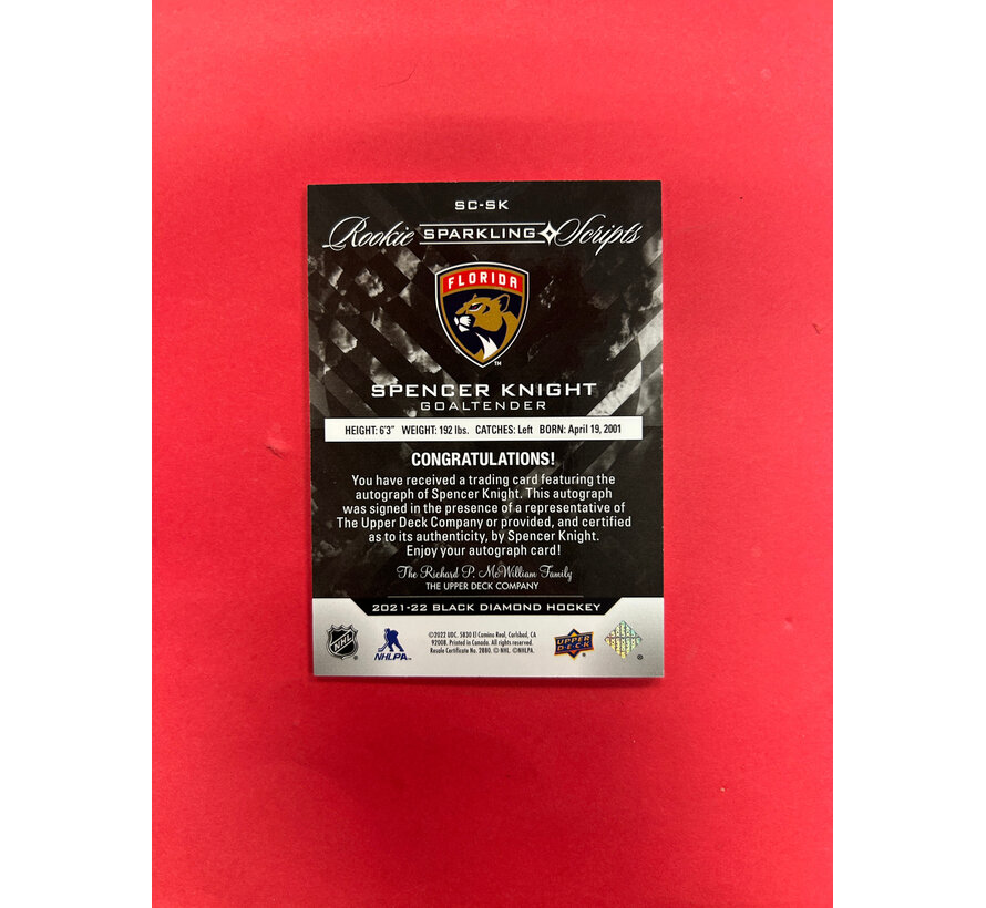 2021-22 UPPER DECK BLACK DIAMOND SPENCER KNIGHT ROOKIE SPARKLING SCRIPTS AUTO /25