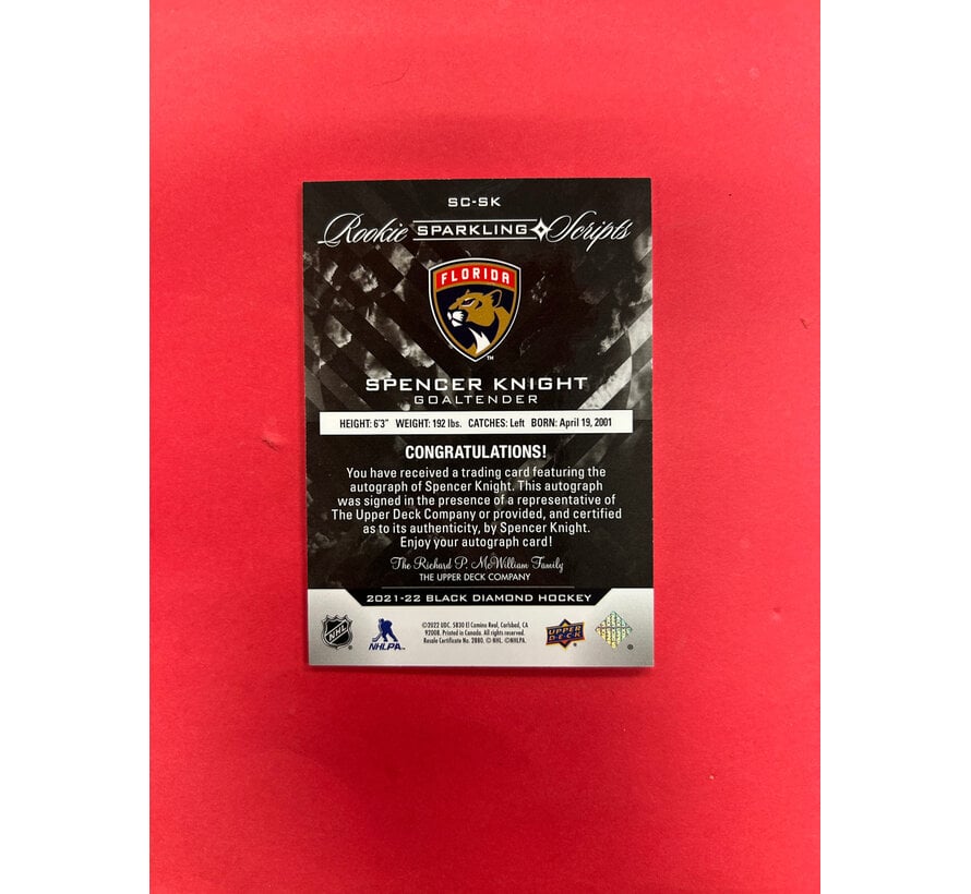 2021-22 UPPER DECK BLACK DIAMOND SPENCER KNIGHT ROOKIE SPARKLING SCRIPTS AUTO /25