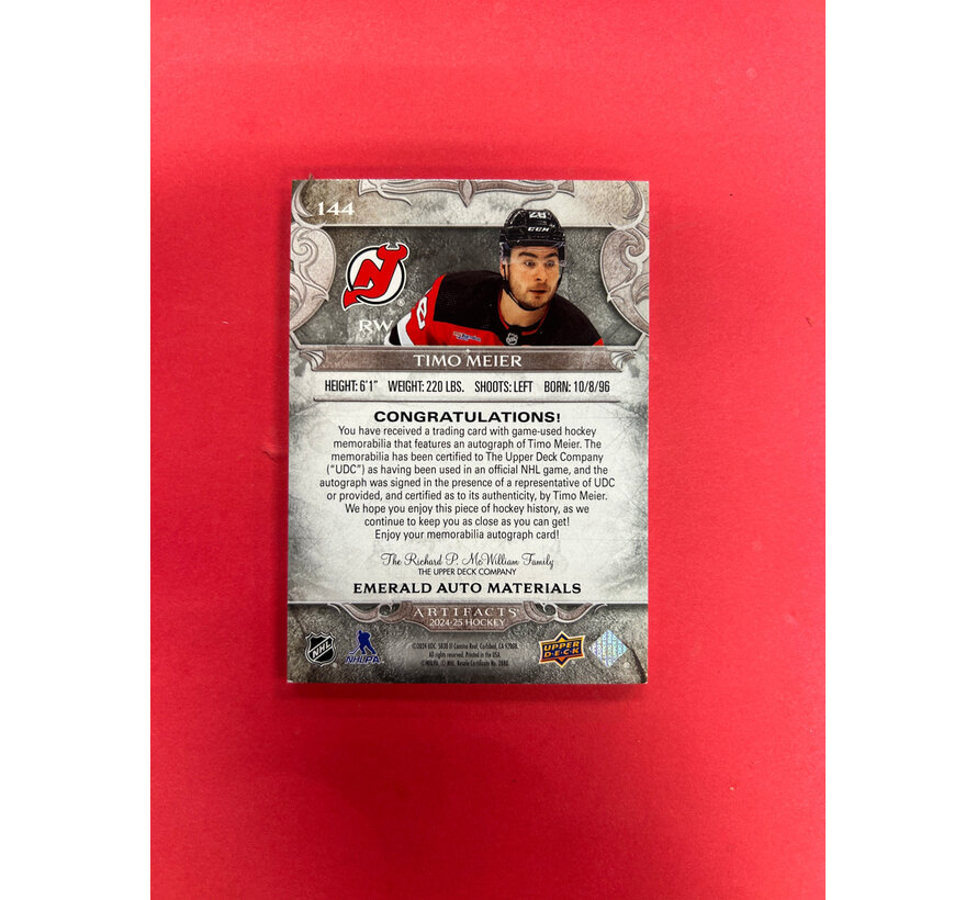 2024-25 UPPER DECK ARTIFACTS TIMO MEIER GREEN PREMIUM PATCH AUTO /15