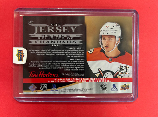 UPPER DECK 2025-26 UPPER DECK TIM HORTONS TREVOR ZEGRAS NHL JERSEY RELICS REDEEMED