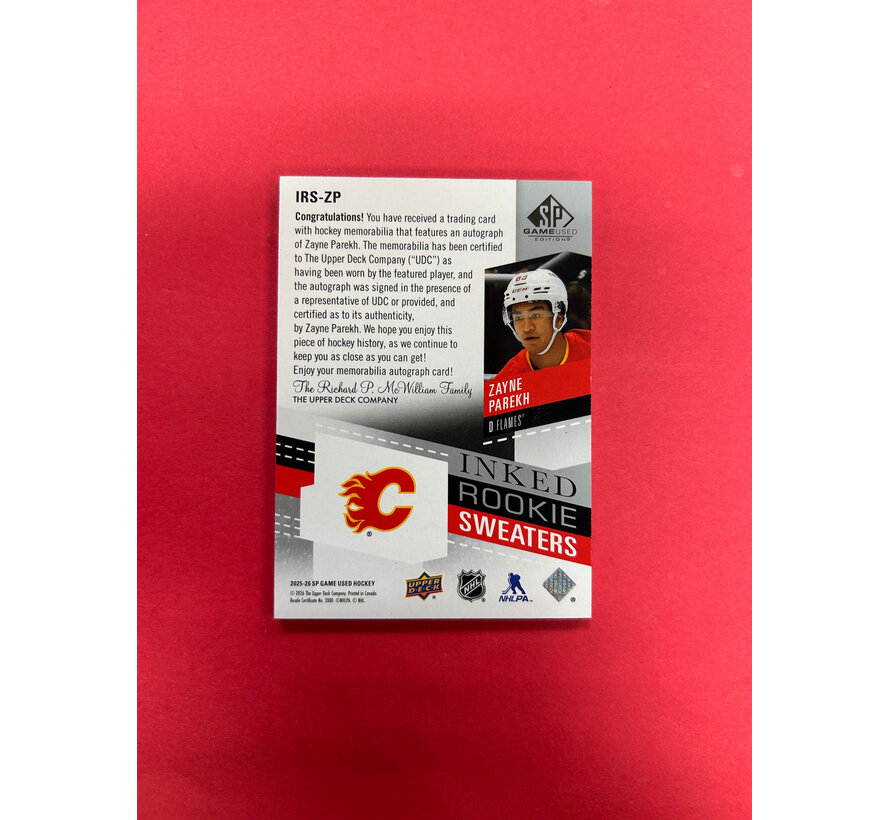 2025-26 SP GAME USED ZAYNE PAREKH INKED ROOKIE SWEATERS /99