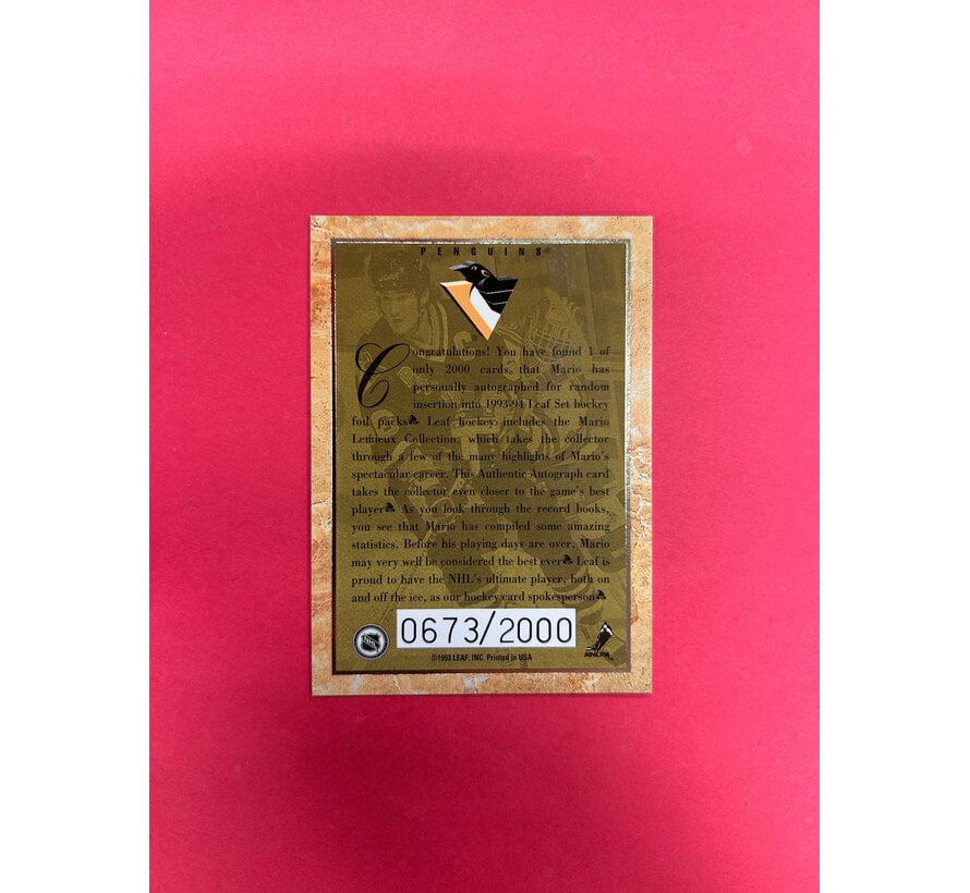 1993 LEAF HOCKEY MARIO LEMIEUX AUTHENTIC AUTOGRAPH /2000