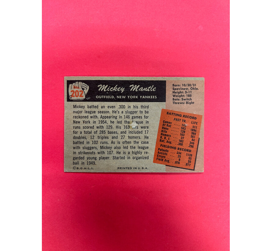 1955 BOWMAN MICKEY MANTLE #202 POOR STAPLE HOLES