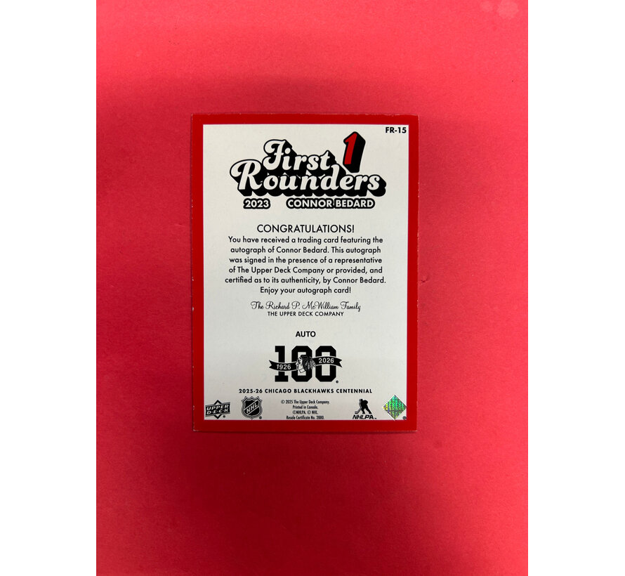 2024 UPPER DECK CHICAGO BLACKHAWKS CENTENNIAL CONNOR BEDARD FIRST ROUNDERS AUTO SSP