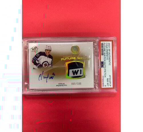 UPPER DECK 2021-22 SP AUTHENTIC COLE PERFETTI FUTURE WATCH AUTOGRAPHED PATCH PSA GRADED 8