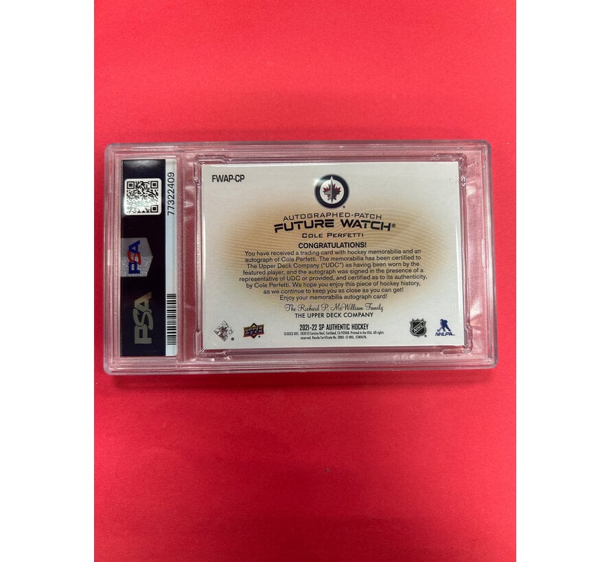 2021-22 SP AUTHENTIC COLE PERFETTI FUTURE WATCH AUTOGRAPHED PATCH PSA GRADED 8