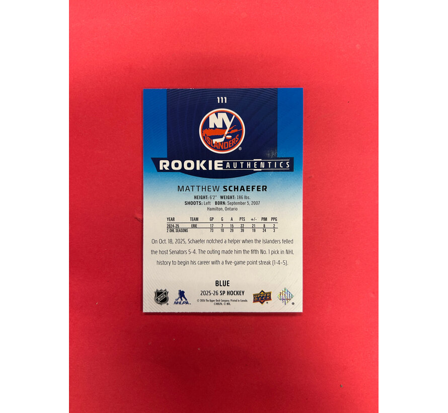 2025-26 UPPER DECK SP MATTHEW SCHAEFER ROOKIE AUTHENTICS BLUE