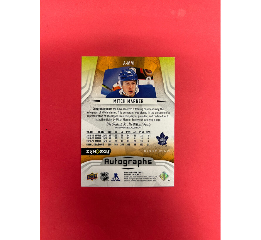 2021-22 UPPER DECK SYNERGY MITCH MARNER AUTOGRAPHS