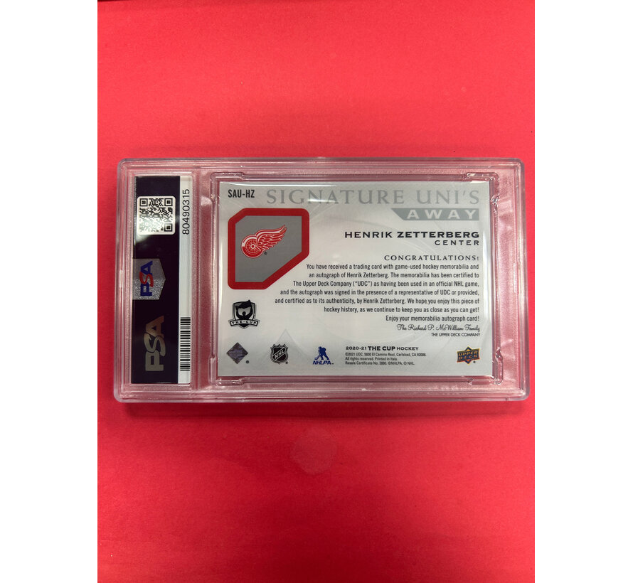 2020-21 UPPER DECK THE CUP HENRIK ZETTERBERG SIGNATURE UNI'S AWAY PSA GRADED 8 AUTO 10
