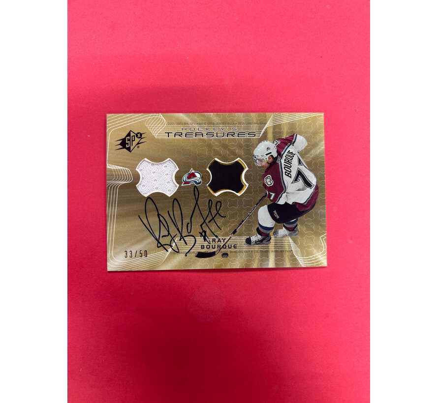 2001 UPPER DECK SPX RAY BOURQUE HOCKEYS TREASURES JERSEY PUCK AUTO /50