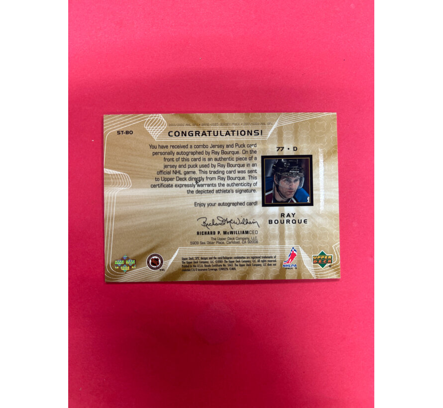 2001 UPPER DECK SPX RAY BOURQUE HOCKEYS TREASURES JERSEY PUCK AUTO /50