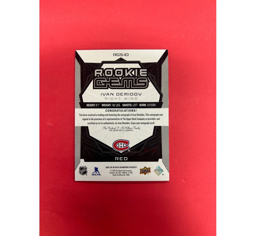 2025-26 UPPER DECK BLACK DIAMOND IVAN DEMIDOV ROOKIE GEMS AUTO RUBY 10/10