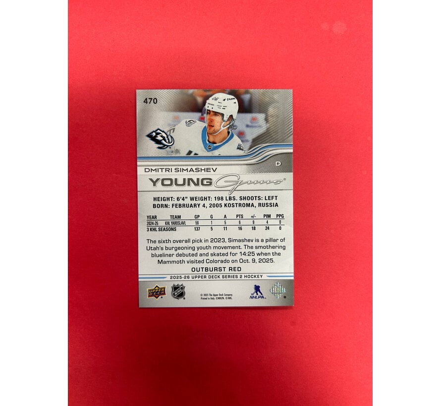 2025-26 UPPER DECK SERIES 2 DMITRI SIMASHEV YOUNG GUNS OUTBURST RED /25