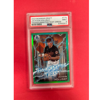 TOPPS 2023 BOWMAN CHROME DRAFT JACKSON HOLIDAY TRANSFORMATIVE TALENT GREEN /99 PSA GRADED 9