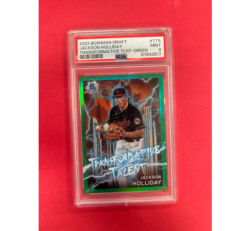 TOPPS 2023 BOWMAN CHROME DRAFT JACKSON HOLIDAY TRANSFORMATIVE TALENT GREEN /99 PSA GRADED 9