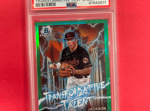 TOPPS 2023 BOWMAN CHROME DRAFT JACKSON HOLIDAY TRANSFORMATIVE TALENT GREEN /99 PSA GRADED 9