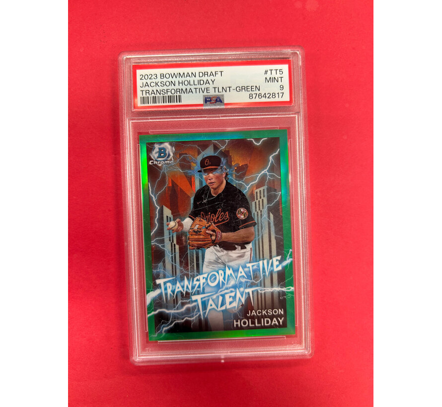 2023 BOWMAN CHROME DRAFT JACKSON HOLIDAY TRANSFORMATIVE TALENT GREEN /99 PSA GRADED 9