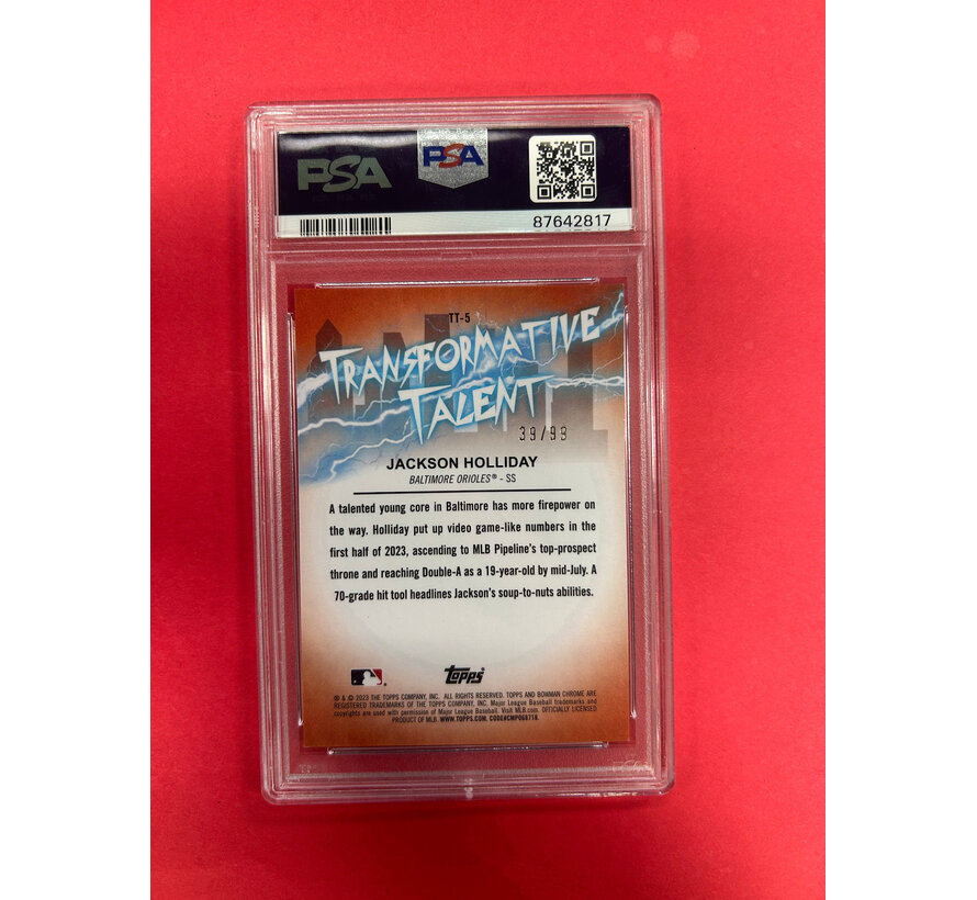 2023 BOWMAN CHROME DRAFT JACKSON HOLIDAY TRANSFORMATIVE TALENT GREEN /99 PSA GRADED 9