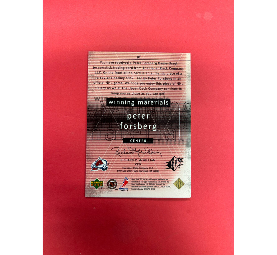 2000 UPPER DECK SPX PETER FORSBERG WINNING MATERIALS PUCK JERSEY