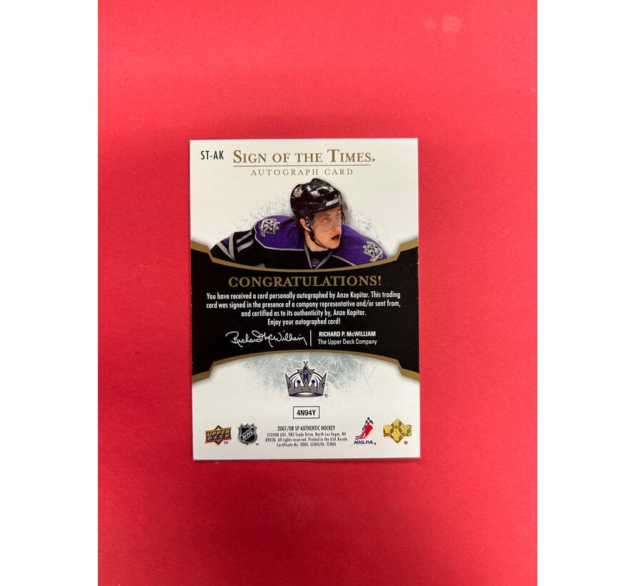 2007-08 UPPER DECK SP AUTHENTIC  ANZE KOPITAR SIGN OF THE TIMES