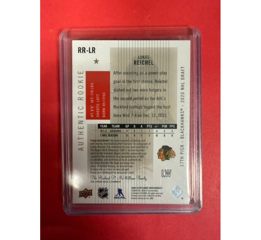 2022-23 SP GAME USED AUTHENTIC ROOKIE RETRO PATCH AUTO LUKAS REICHEL 15/15 #RR-LR