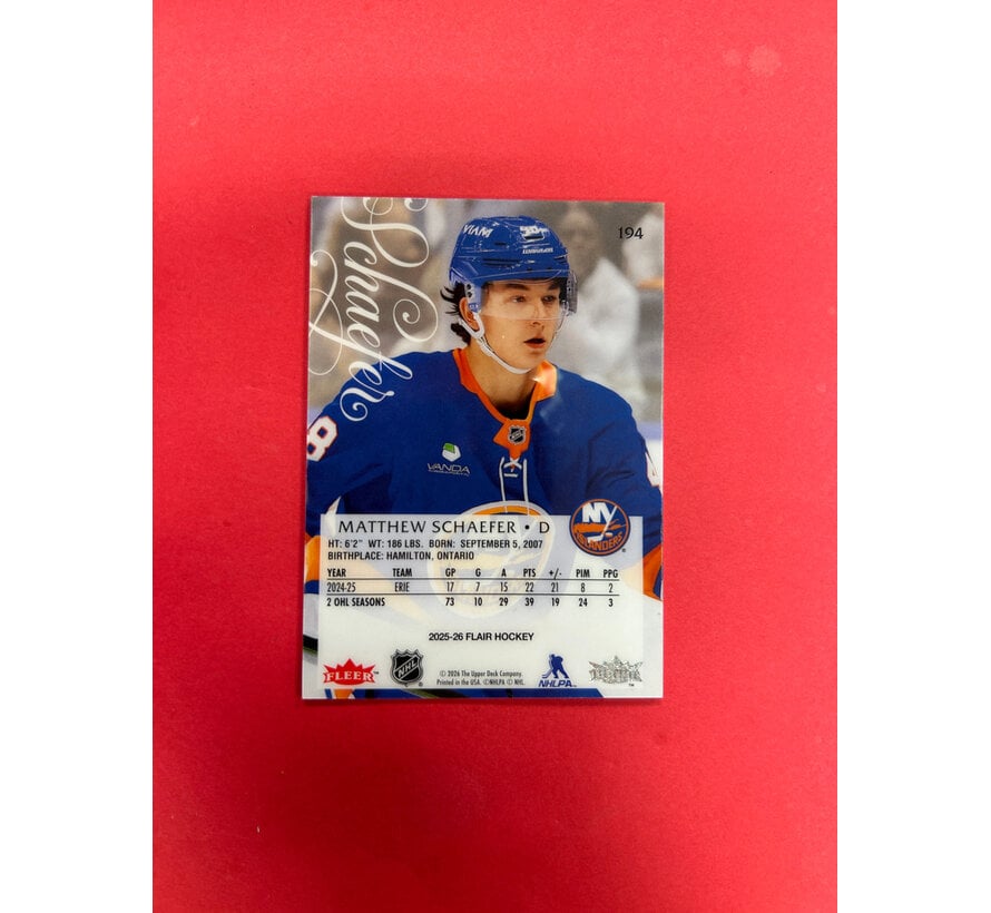 2025-26 UPPER DECK FLAIR MATTHEW SCHAEFER ROOKIES