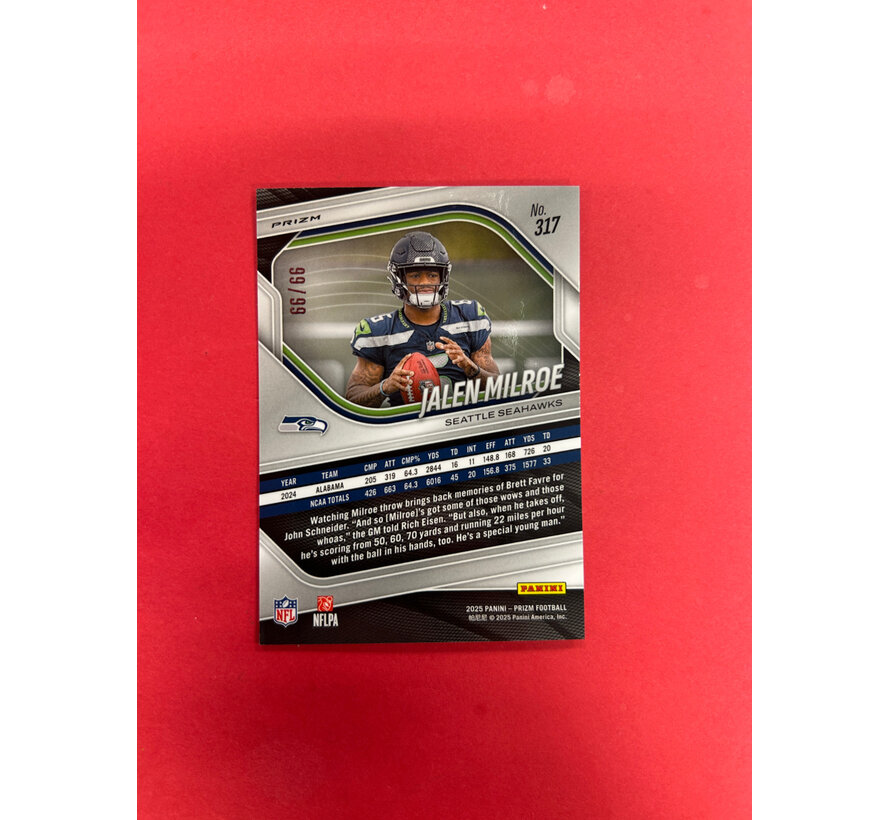 2025 PANINI PRIZM JALEN MILROE RED RISCO ROOKIE /99