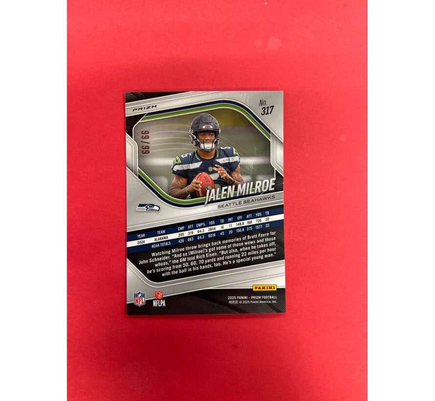 2025 PANINI PRIZM JALEN MILROE RED RISCO ROOKIE /99