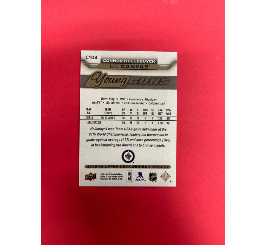 2015-16 UPPER DECK SERIES 1 CONNOR HELLEBUYCK YOUNG GUNS CANVAS