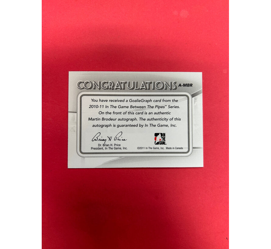 2010-11 IN THE GAME BETWEEN THE PIPES MARTIN BRODEUR AUTOGRAPH