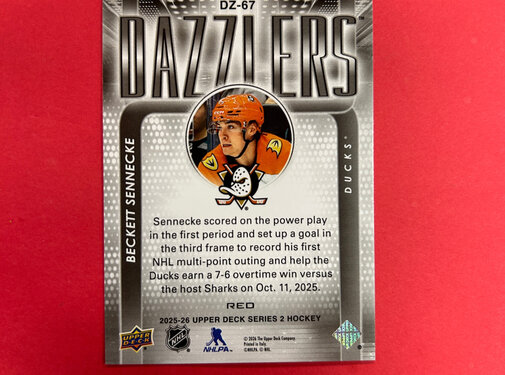 UPPER DECK 2025-26 UPPER DECK SERIES 2 BECKETT SENNECKE RED DAZZLER SP