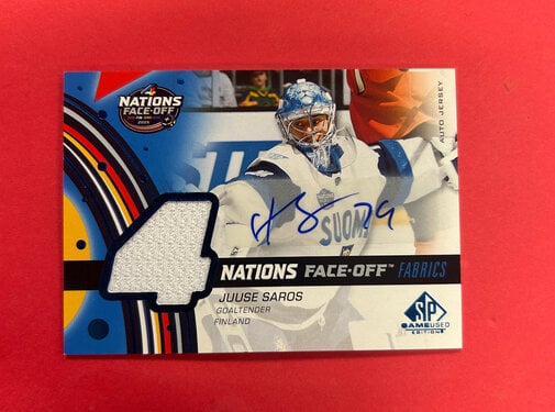 UPPER DECK 2025-26 SP GAME USED JUSSE SAROS 4 NATIONS FACE OFF JERSEY AUTO