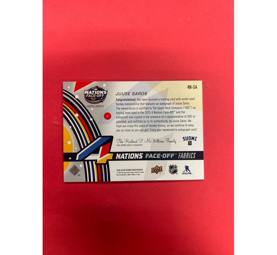 2025-26 SP GAME USED JUSSE SAROS 4 NATIONS FACE OFF JERSEY AUTO