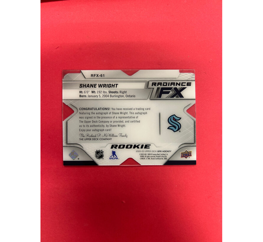 2022-23 UPPER DECK SPX SHANE WRIGHT RADIANCE FX ROOKIE AUTO /35