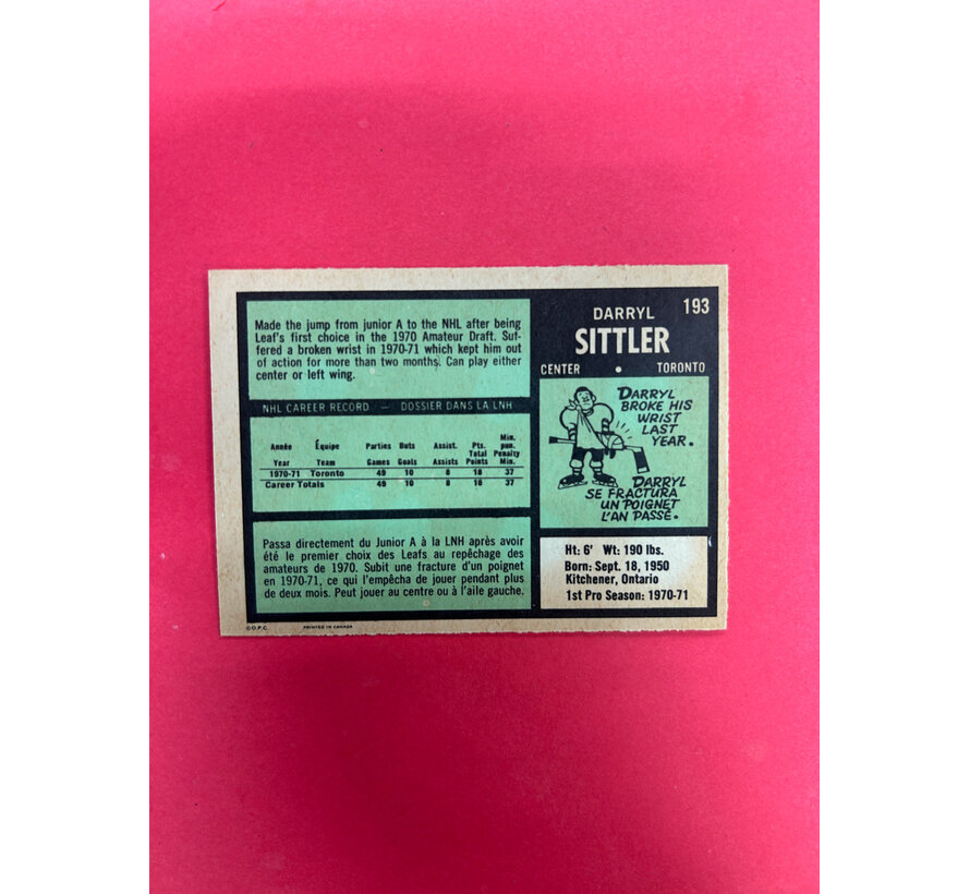 1971-72 O-PEE-CHEE DARRYL SITTLER #193