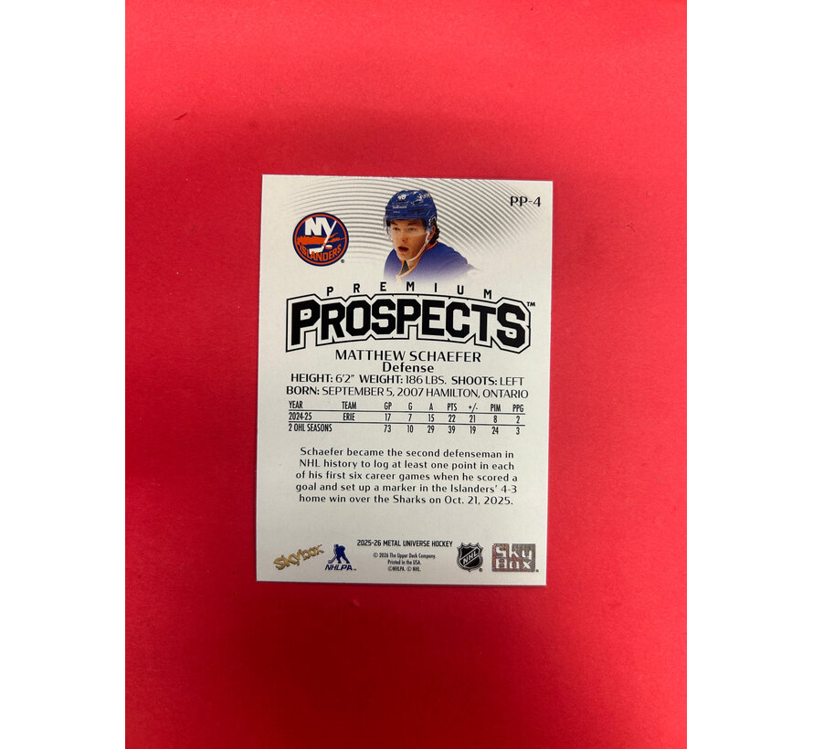 2025-26 SKYBOX MEAL UNIVERSE MATTHEW SCHAEFER PREMIUM PROSPECTS